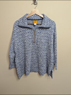 Ruby Rd. Woman Blue White Geometric Quarter Zip Pullover Sweater Pockets 1X